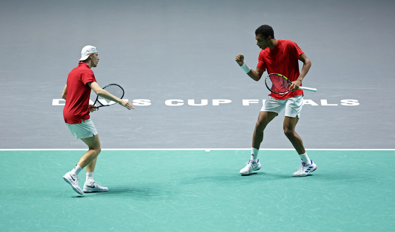 Canada’s Felix Auger-Aliassime and Denis Shapovalov during their doubles match against Finland’s Harri Heliovaara and Otto Virtanen at the Davis Cup Group D match between Canada and Finland at AO Arena, in Manchester Thursday. (Reuters)