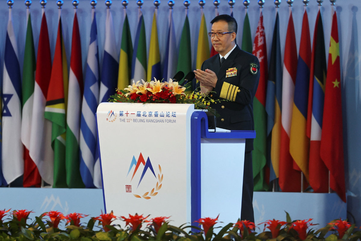 Chinese Defense Minister Dong Jun delivers a speech at the opening ceremony of the Beijing Xiangshan Forum in the Chinese capital on September 13, 2024. (REUTERS)