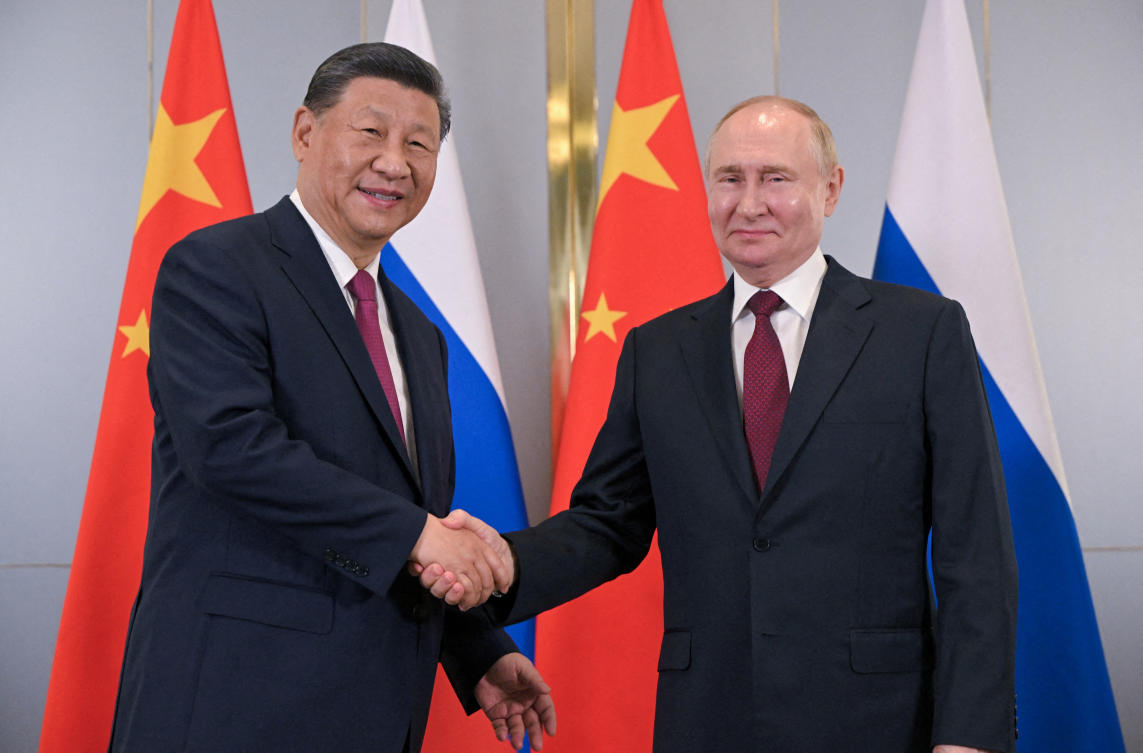 Russian President Vladimir Putin and Chinese President Xi Jinping earlier met at the Shanghai Cooperation Organization summit in Astana, Kazakhstan on July 3, 2024. (Sputnik via Reuters)