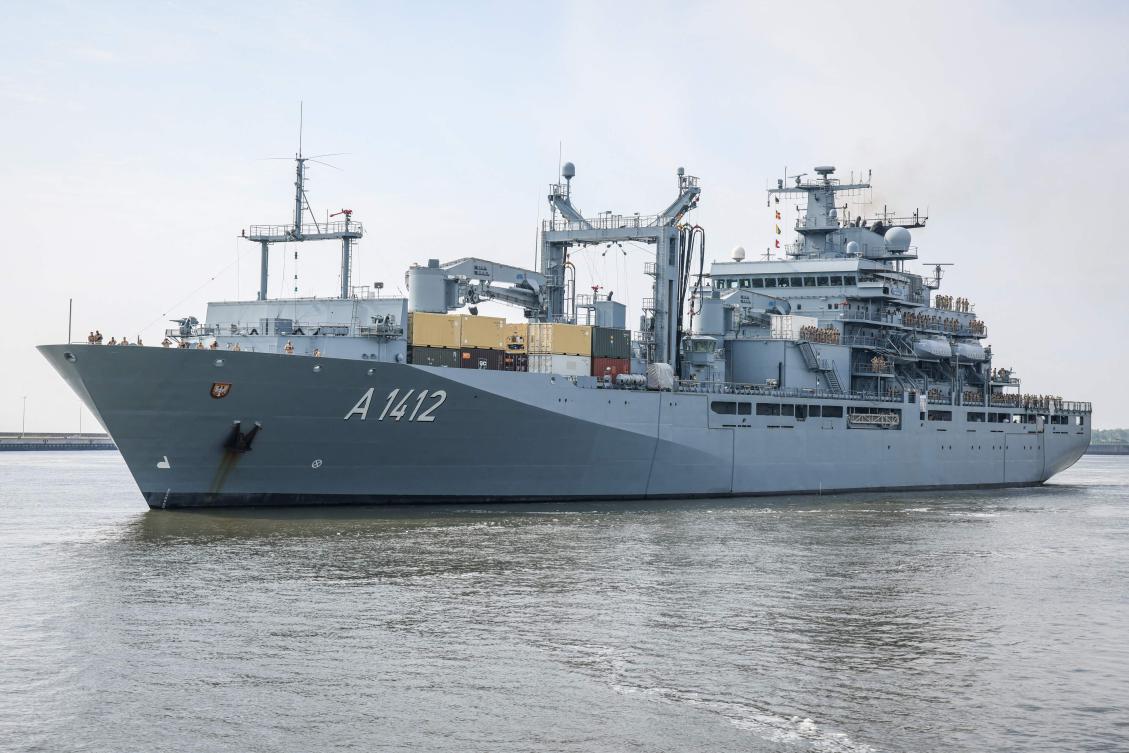 Above, the supply ship A 1412 Frankfurt am Main of the German Navy, above, and the frigate Baden-Wuerttemberg were headed to Taiwan Strait, Defense Minister Boris Pistorius said. (AFP)