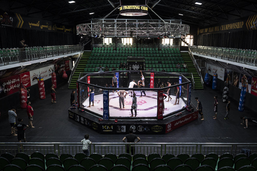 Afghan mixed martial arts fighters take part in a training session at a club on the outskirts of Kabul on Sept. 8, 2024. (AFP)