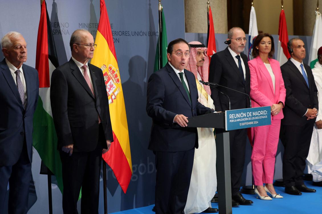 Spain’s Minister of Foreign Affairs Jose Manuel Albares (C) addresses a press conference with (From L) European Union foreign policy chief Josep Borell, Palestinian prime minister Mohammed Mustafa, Saudi Arabia’s Foreign Minister Faisal bin Farhan, Jordanian Foreign Minster Ayman Safadi, Slovenia’s Foreign Minister Tanja Fajon and Egypt’s Foreign Minister Badr Abdelatty following a meeting on a two-state solution to the Israeli-Palestinian conflict, at the Foreign Affairs Ministry in Madrid on September 13, 2024. (AFP)