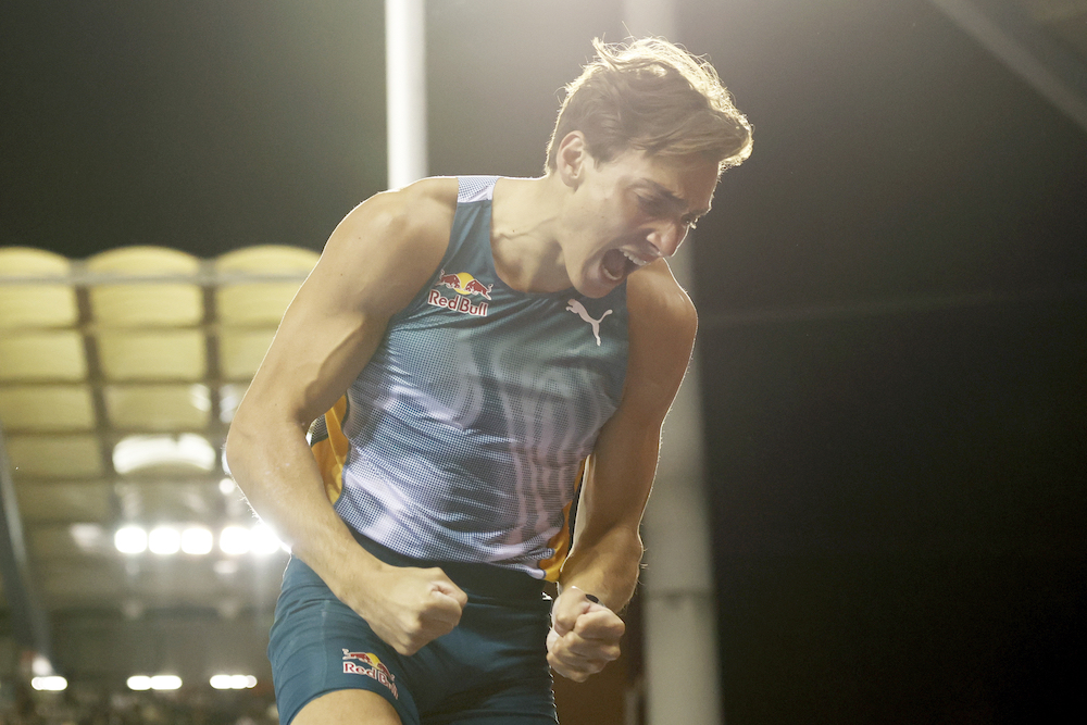 Armand Duplantis, of Sweden, reacts after a successful attempt in the men’s pole vault during the Diamond League final 2024 athletics meet in Brussels Friday. (AP)