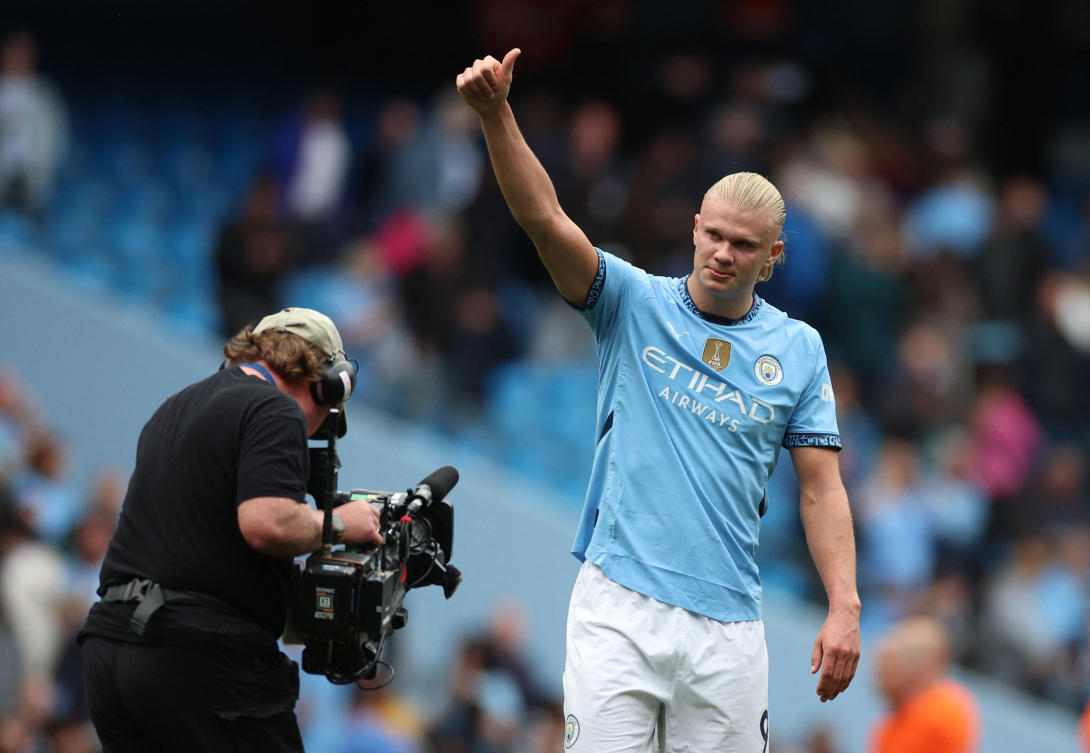 Manchester City’s Erling Haaland celebrates after the match in which City secured a 2-1 win over Brentford in the Premier League. (Reuters)