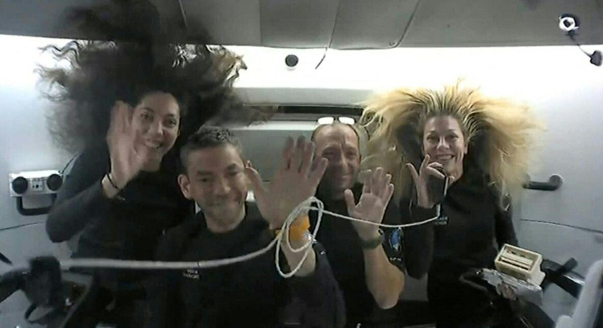 This still image taken from the Polaris Dawn crew on September 13, 2024, shows the SpaceX Polaris Dawn crew Jared Isaacman, Mission Commander, Anna Menon, Mission Specialist and Medical Officer, Sarah Gillis, Mission Specialist, and Scott Poteet, Mission pilot, during the SpaceX Polaris Dawn mission. (AFP)