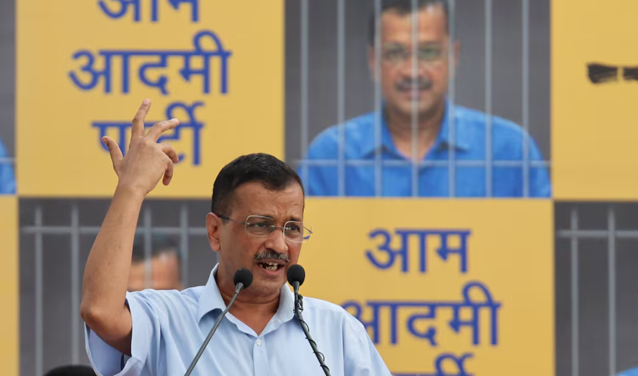 Delhi Chief Minister Arvind Kejriwal addresses supporters and members of the Aam Aadmi Party (AAP) at the party’s headquarters before he leaves to surrender himself to jail authorities, after interim bail granted by the Supreme Court in a liquor policy case came to an end, in New Delhi, India, June 2, 2024. (REUTERS)