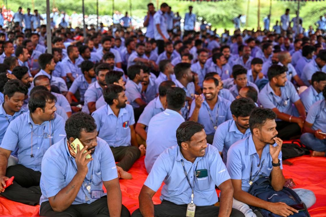 Workers stage a protest to demand higher wages and recognition of their union, at Samsung India's plant in Sriperumbudur, near Chennai on September 11, 2024. (AFP)