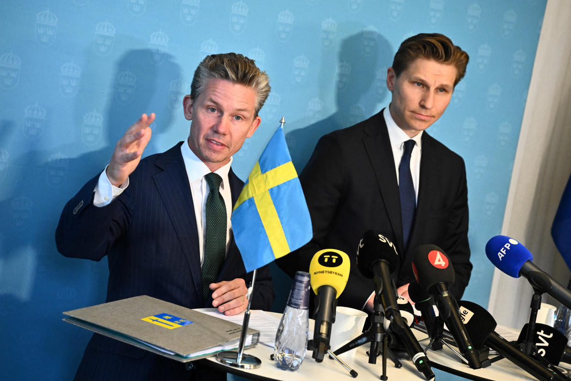 Sweden's Defence Minister Pal Jonson and his Finnish counterpart Antti Hakkanen attend a press conference in Stockholm on Sept. 16, 2024 (Reuters)