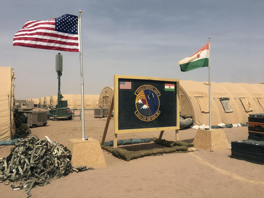 US and Niger flags fly at Niger Air Base 201 in Agadez, Niger, April 16, 2018. (AP Photo)