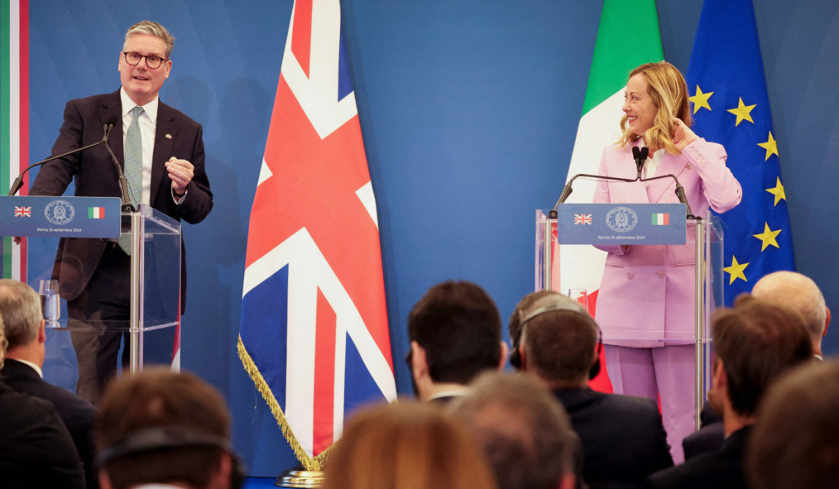 UK Prime Minister Keir Starmer said Italy’s Premier Giorgia Meloni has made remarkable progress working with countries along migration routes. (Reuters)