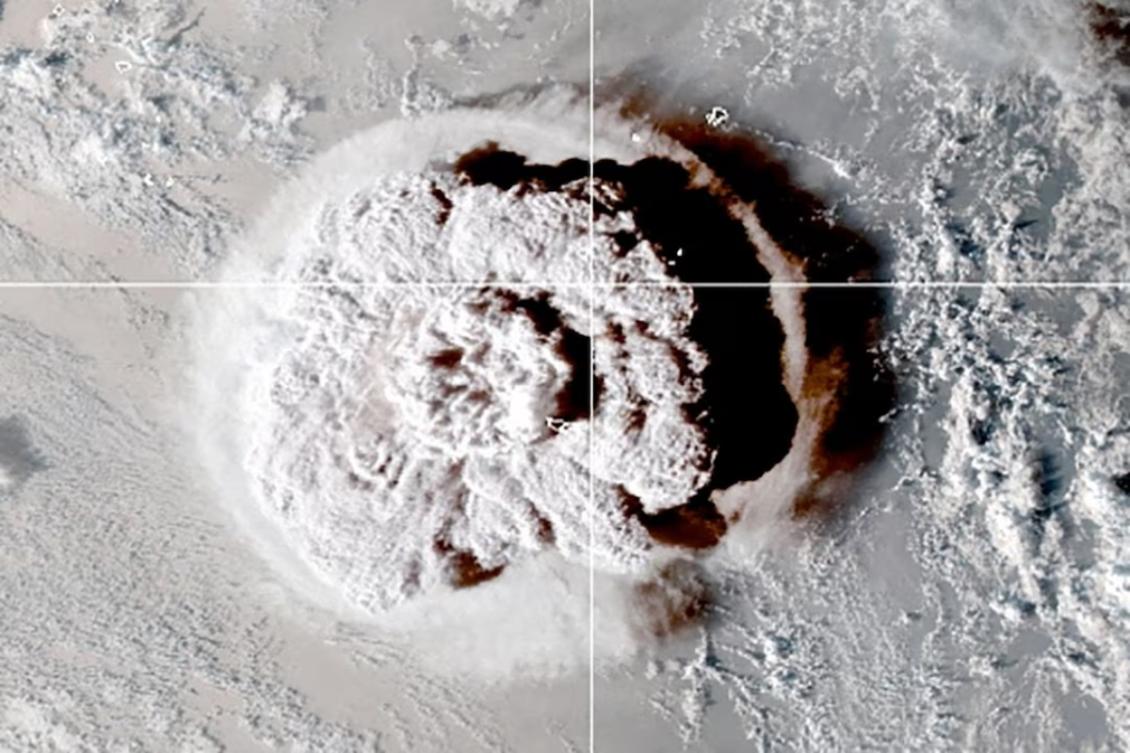 The eruption of an underwater volcano off Tonga, which triggered a tsunami warning for several South Pacific island nations, is seen in an image from the NOAA GOES-West satellite taken at 05:00 GMT January 15, 2022. (REUTERS)