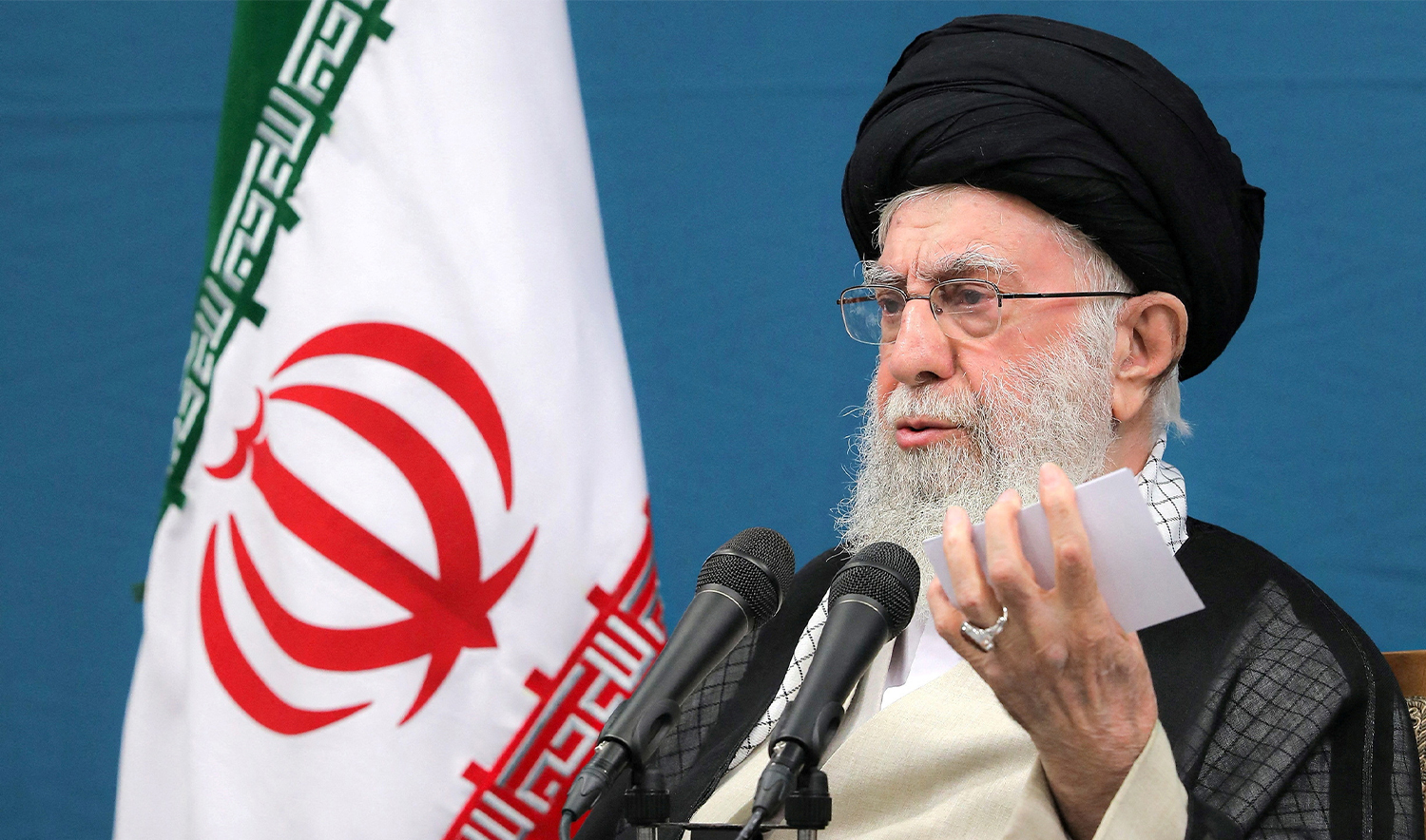 Iran's Supreme Leader Ayatollah Ali Khamenei speaks during a meeting with Iran's president Masoud Pezeshkian and his cabinet in Tehran, Iran, on August 27, 2024. (Office of the Iranian Supreme Leader/ WANA/ REUTERS)