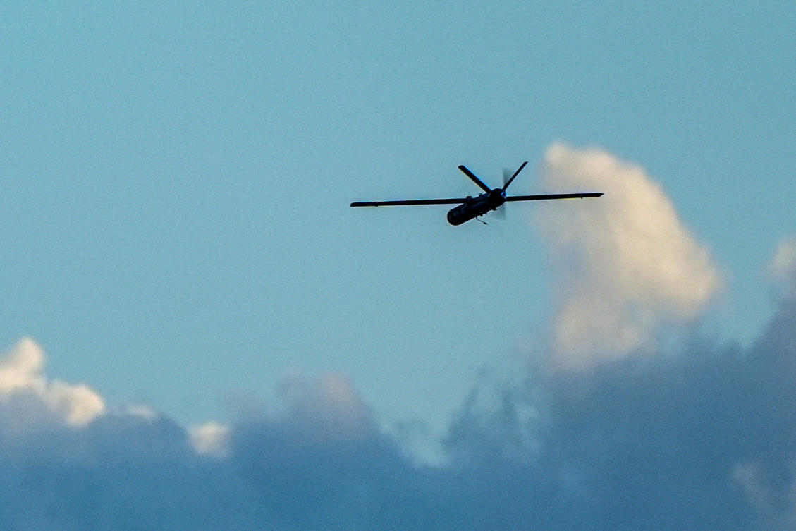 A drone flies in the sky near the Israel-Lebanon border on its Israeli side, after it was launched towards Israel from Lebanon. (File/Reuters)
