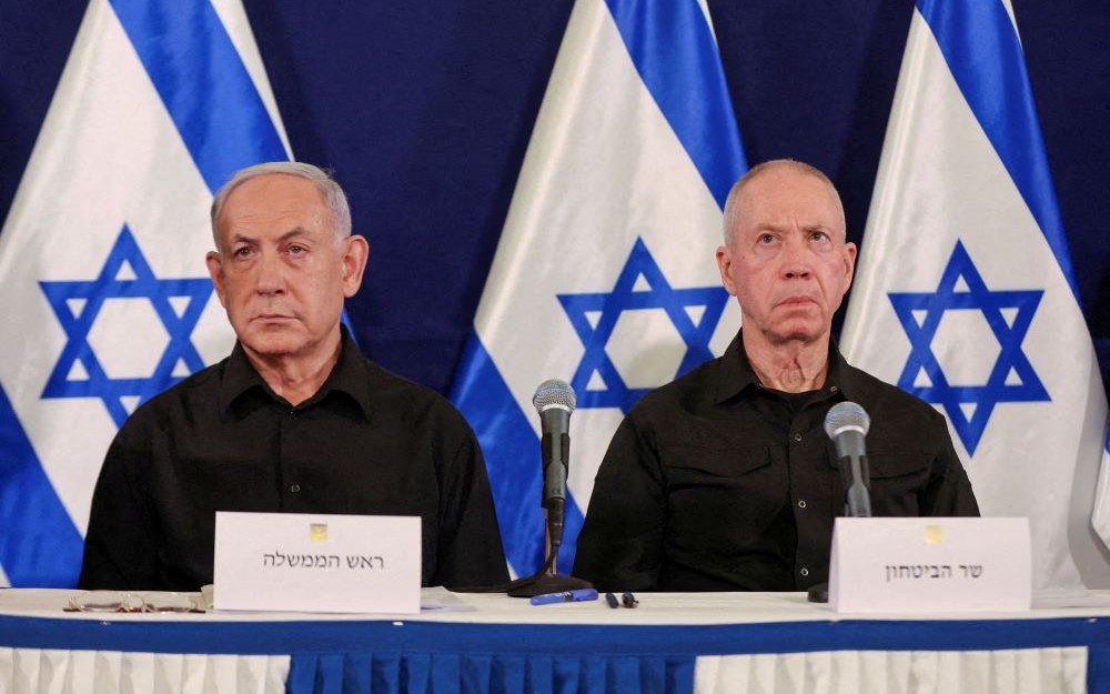 Israeli PM Benjamin Netanyahu and Defense Minister Yoav Gallant during a press conference in Kirya military base, Tel Aviv, Israel, Oct. 28, 2023. (Reuters)