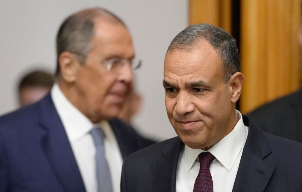 Egypt’s Foreign Minister Badr Abdelatty arrives with Russian Foreign Minister Sergey Lavrov to hold a press conference following their talks in Moscow, on September 16, 2024. (AFP)