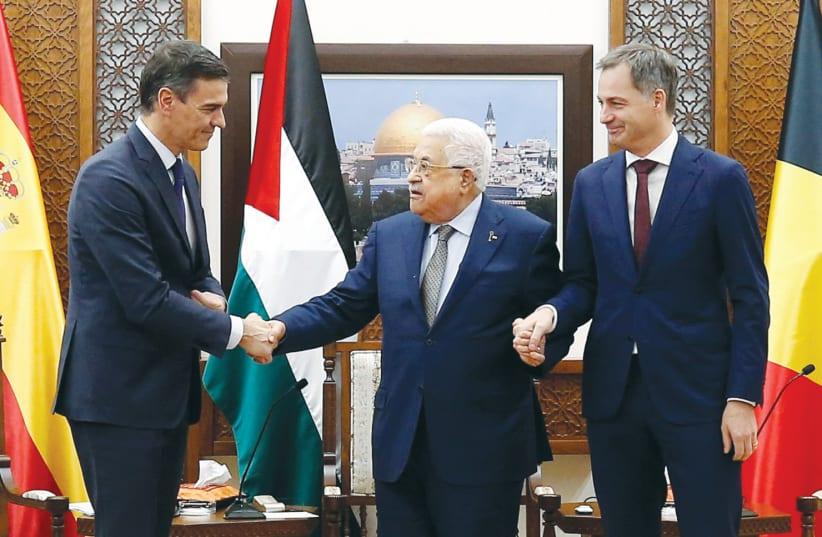 Spanish PM Pedro Sanchez, left, and Belgian PM Alexander De Croo meet with Mahmoud Abbas in Ramallah in March of 2024. (Reuters)