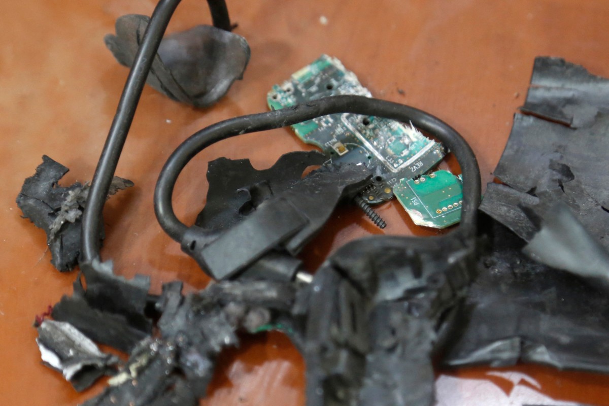A photo taken on September 18, 2024, in Beirut's southern suburbs shows the remains of exploded pagers on display at an undisclosed location. (AFP)
