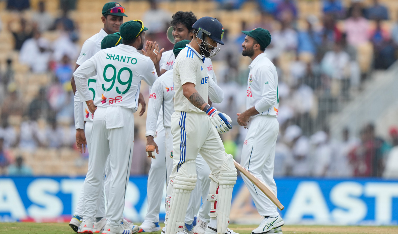 India’s Virat Kohli walks to the pavilion after losing his wicket to Bangladesh’s Hasan Mahmud on the first day of the first cricket test match between India and Bangladesh, in Chennai, India on September 19, 2024. (AP)