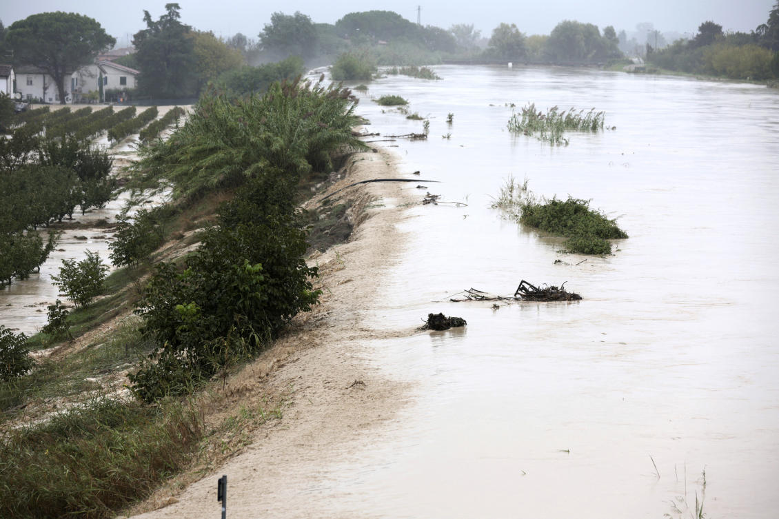 The Lamone river overflows its banks near Bagnacavallo, in the region of Emilia-Romagna, Italy, Thursday, Sept. 19, 2024. (AP)