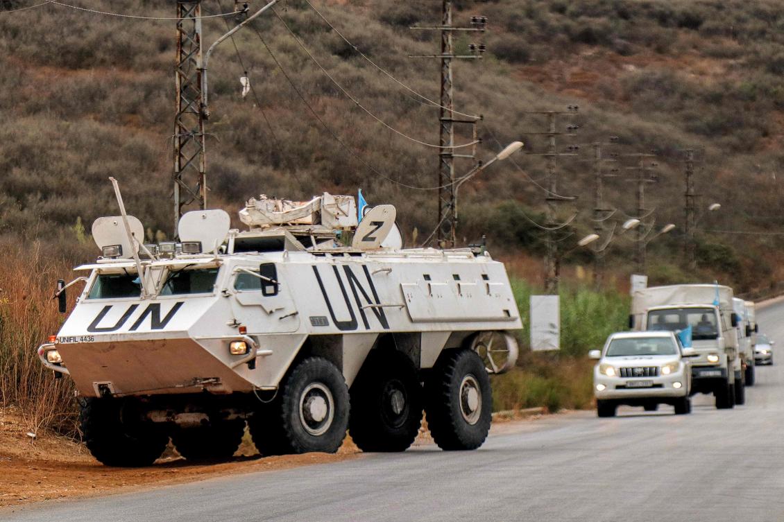 An armored personnel carrier of the United Nations Interim Force in Lebanon (UNIFIL) patrols along Al-Khardali road in south Lebanon on September 17, 2024. (AFP)