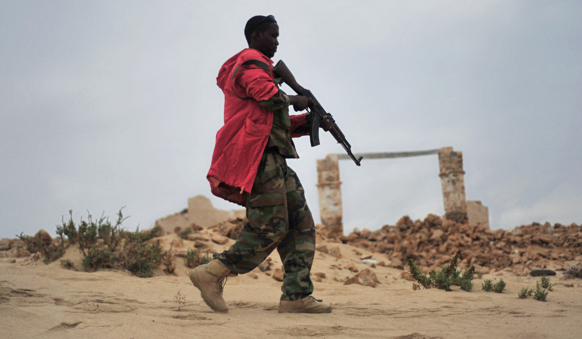 A member of the Somali security forces patrols along the coast of Qaw, in Puntland, northeastern Somalia. (AFP file photo)
