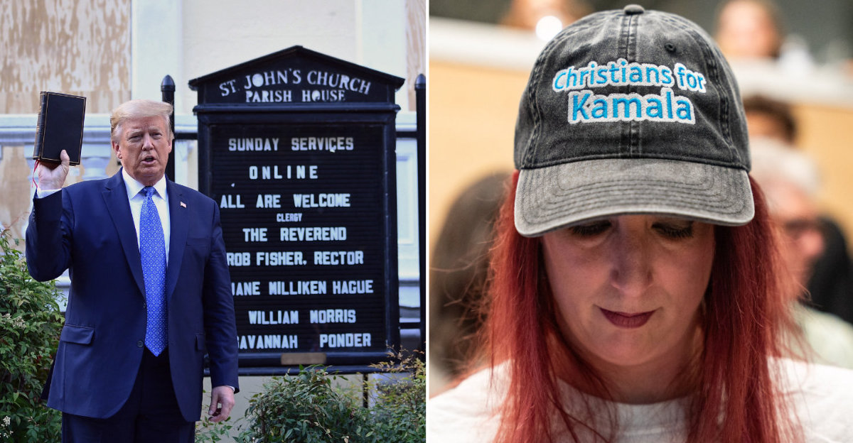 Combo image showing then US President Donald Trump with a Bible outside a church across Lafayette Park in Washington, DC, on June 1, 2020, (left) and a woman wearing a ‘Christians for Kamala’ hat during the US Presidential debate between Kamala Harris and Donald Trump in Nashville, Tennessee, on Sept. 10, 2024. (AFP)