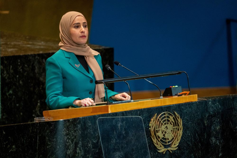 UAE Minister of State for Government Development and Future Ohoud Al-Roumi addresses the ‘Summit of the Future’ in the General Assembly hall at UN HQ, New York, US, Sept. 23, 2024. (Reuters)