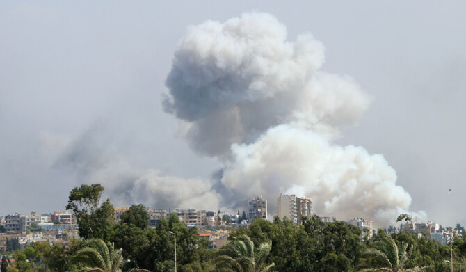 Smoke billows from a site targeted by Israeli shelling in the southern Lebanese village of Burj el-Shmali on September 23, 2024. (AFP)