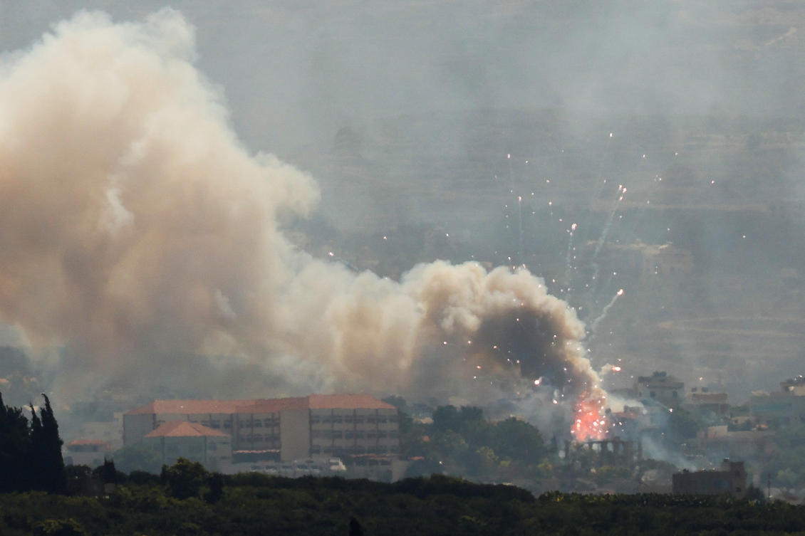 Smoke billows over southern Lebanon following Israeli strikes, amid ongoing cross-border hostilities between Hezbollah and Israeli forces, as seen from Tyre, southern Lebanon. (Reuters)