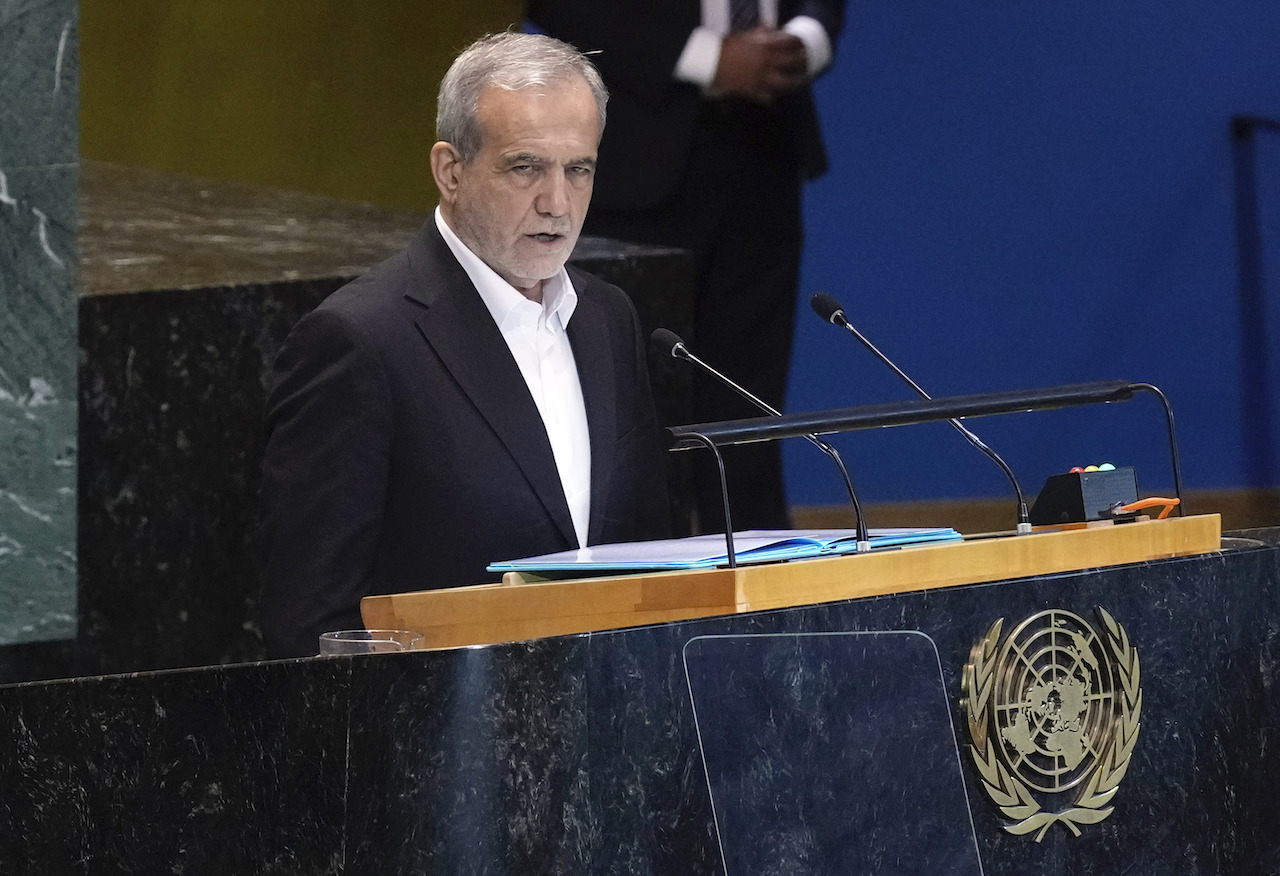 Iran's President Masoud Pezeshkian addresses the the Summit of the Future, in the United Nations General Assembly, Monday, Sept. 23, 2024. (AP)