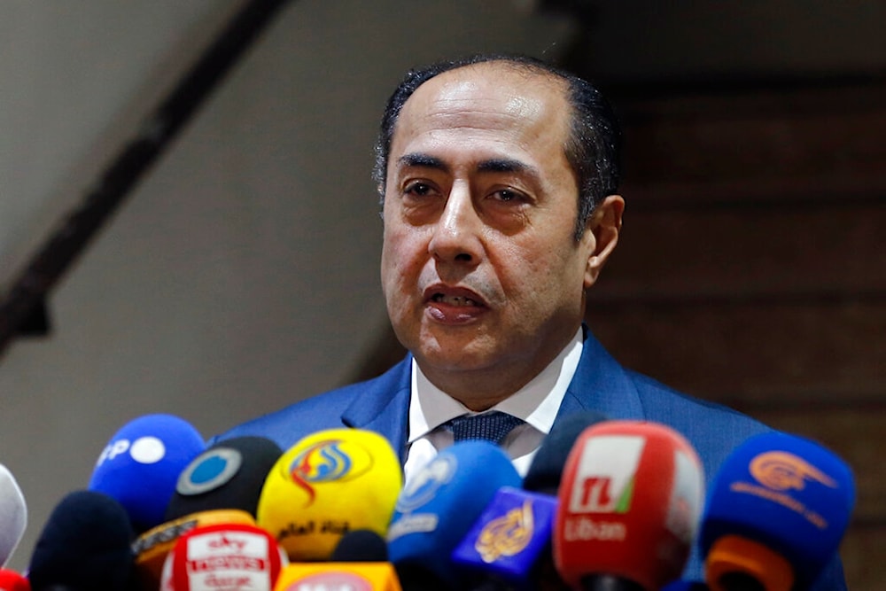 Hossam Zaki, the assistant secretary-general of the Arab League, speaks during a joint press conference with Lebanese Foreign Minister Abdallah Bou Habib, in Beirut, Lebanon, on Monday, Nov. 8, 2021. (AP)