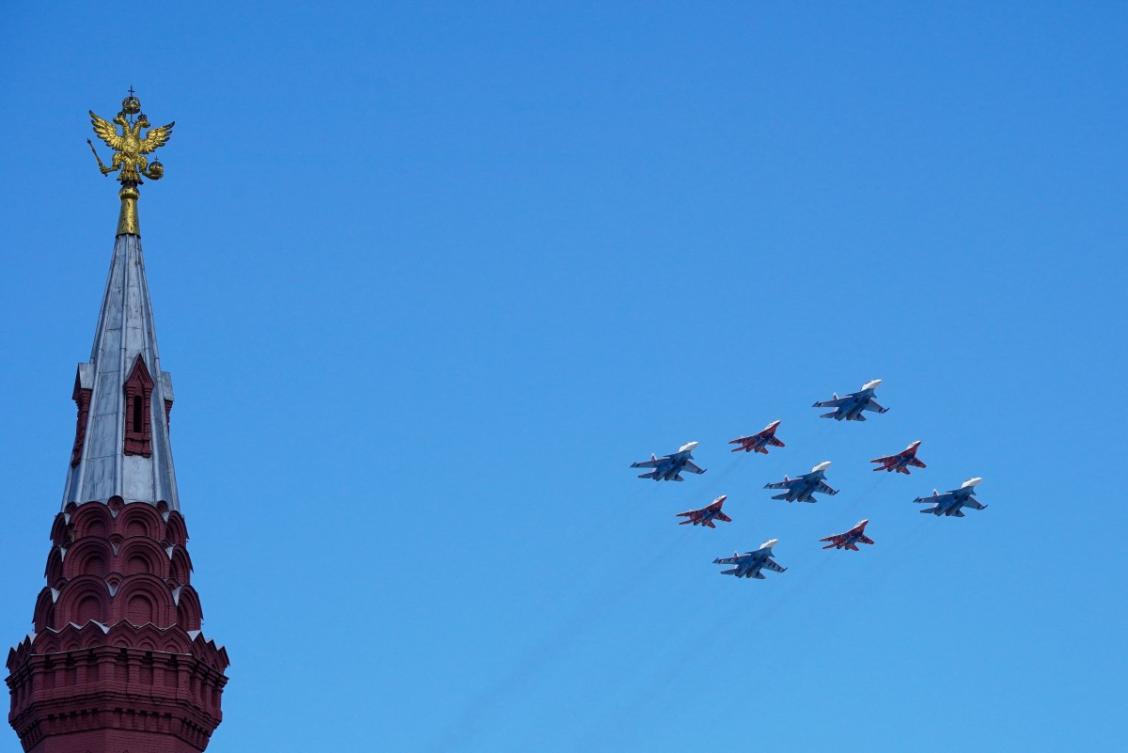 Russian MiG-29 fighter jets fly over Red Square during a general rehearsal for the Victory Day military parade in central Moscow on May 5, 2024. (File/AFP)