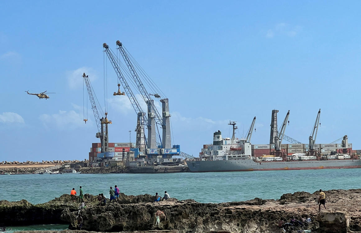 Security helicopters hover above the Mogadishu Sea Port after an Egyptian warship docked to deliver a second major cache of weaponry in Mogadishu, Somalia September 23, 2024. (Reuters)