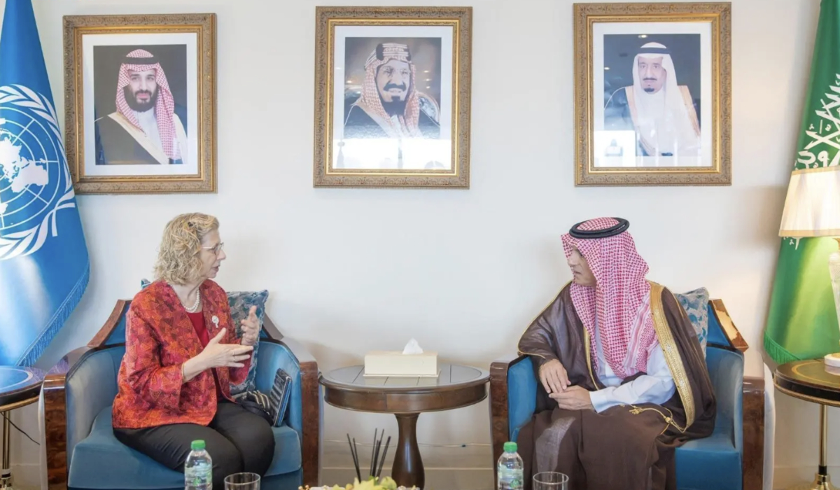 Adel Al-Jubeir holds talks with Inger Andersen in New York City. (SPA)