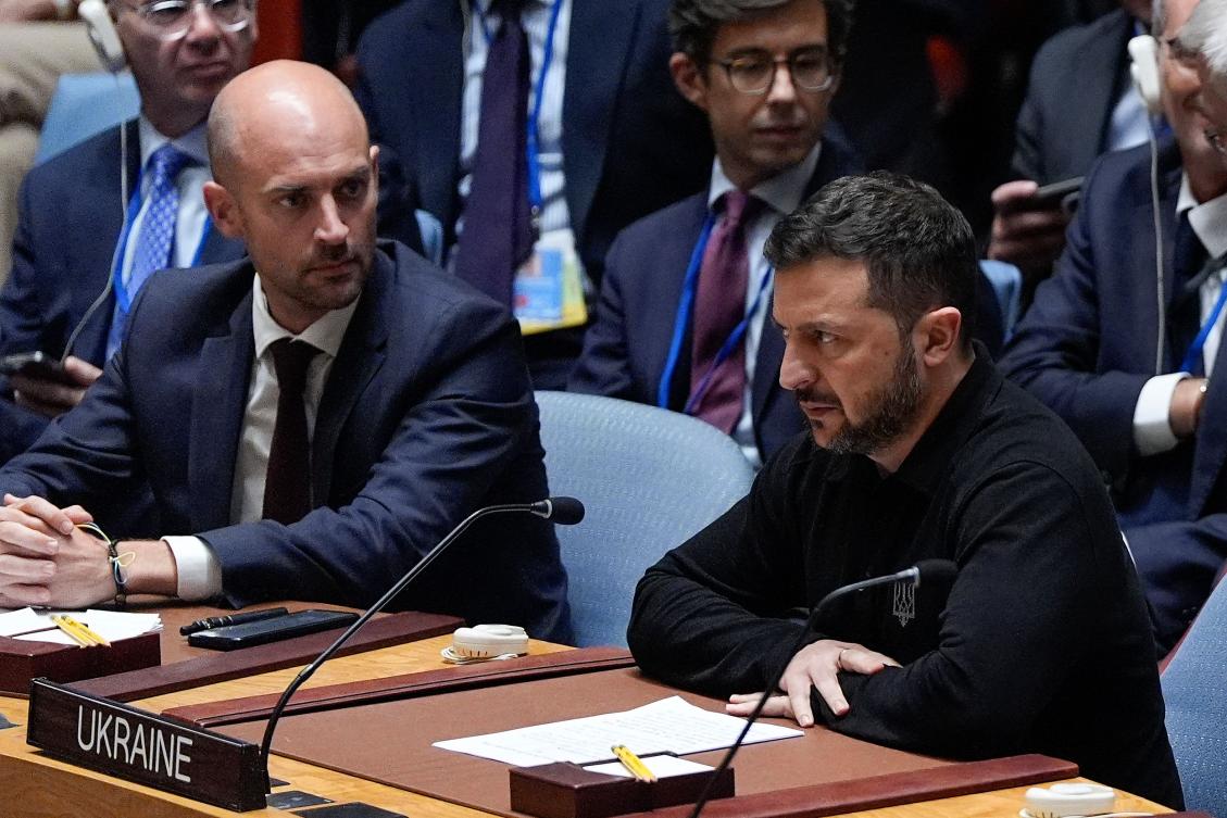 French Foreign Minister Jean-Noel Barrot looks on as Ukrainian President Volodymyr Zelensky speaks during a UN Security Council meeting on the conflict between Ukraine and Russia at the UN headquarters in New York City on Sept. 24, 2024. (AFP)