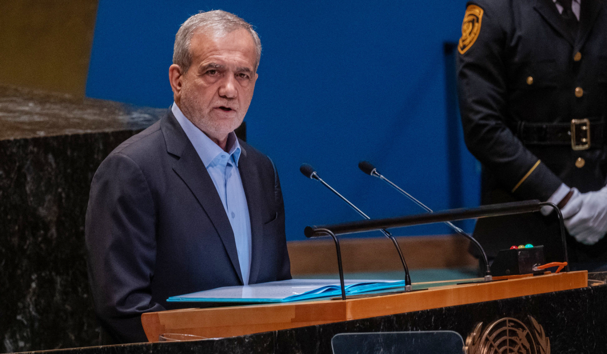 Iranian President Masoud Pezeshkian addresses world leaders during the United Nations General Assembly (UNGA) at the United Nations headquarters on September 24, 2024 in New York City. (AFP)