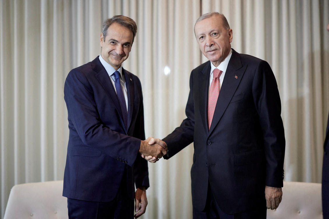 Greek Prime Minister Kyriakos Mitsotakis and Turkish President Tayyip Erdogan meet on the sidelines of the "Summit of the Future" at United Nations Headquarters , in New York, United States, September 24, 2024. (Reuters)