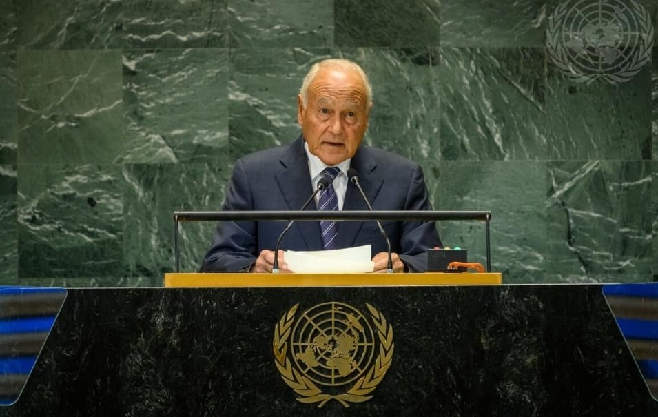 Ahmed Aboul Gheit addresses UNGA97 in New York. (X/@arableague_gs)