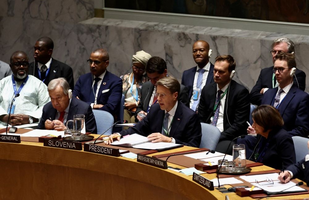 Slovenia’s representative to the UN Security Council Samuel Zbogar speaks during a meeting on Ukraine, on the sidelines of UNGA79, New York, US, Sept. 24, 2024. (Reuters)