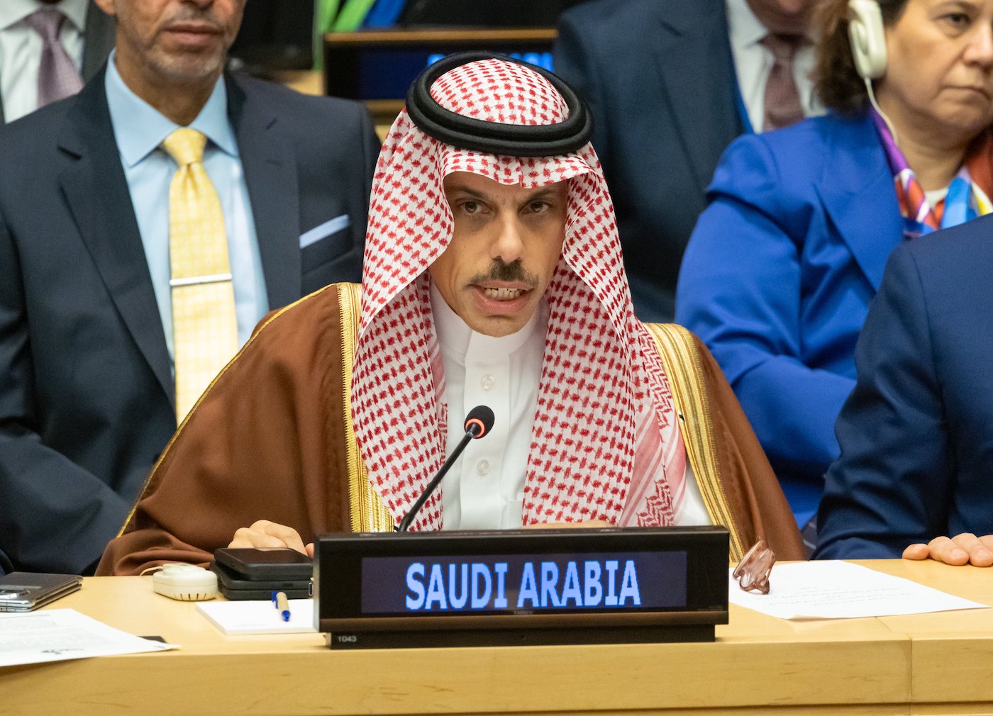 Saudi Foreign Minister Prince Faisal bin Farhan speaks at a meeting of G20 foreign ministers in New York on Wednesday. (SPA)