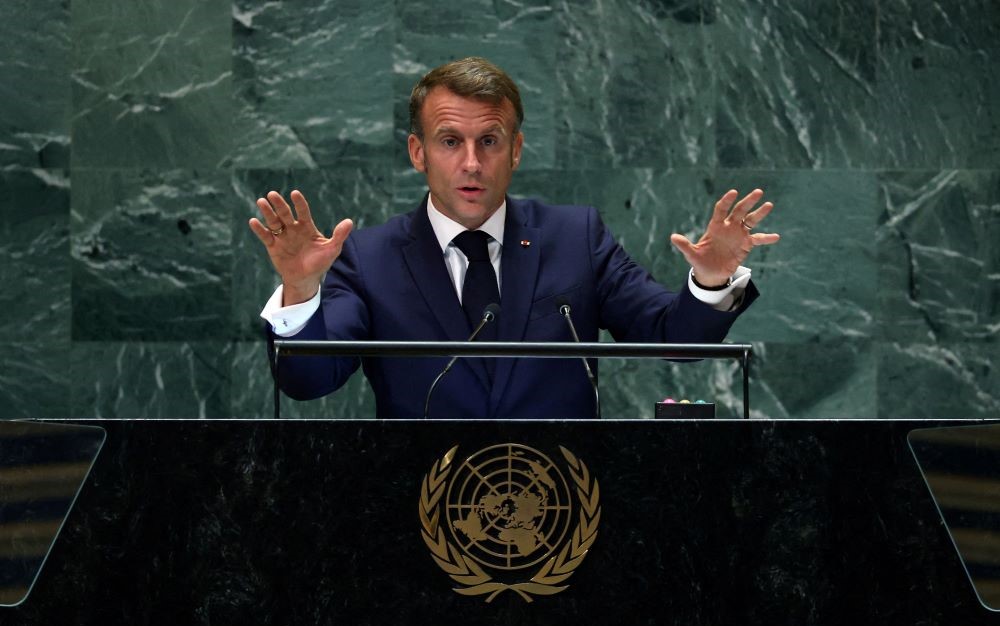 France’s President Emmanuel Macron addresses the 79th United Nations General Assembly at UN headquarters in New York, US, Sept. 25, 2024. (Reuters)