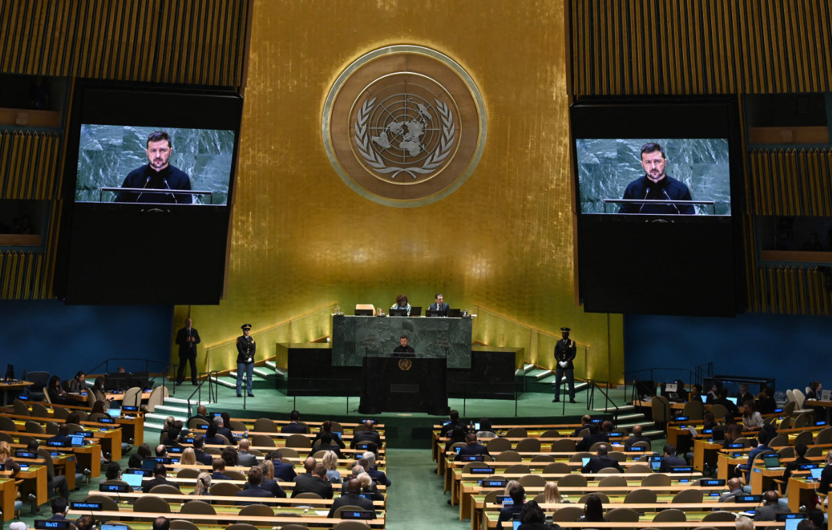 Ukraine's President Volodymyr Zelensky speaks during the 79th Session of the United Nations General Assembly in New York City on September 25, 2024. (AFP)