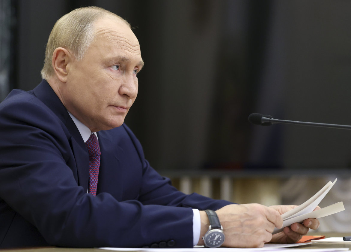 Russian President Vladimir Putin leads the Security Council meeting on nuclear deterrence at the Kremlin in Moscow, Russia, Wednesday, Sept. 25, 2024. (AP)