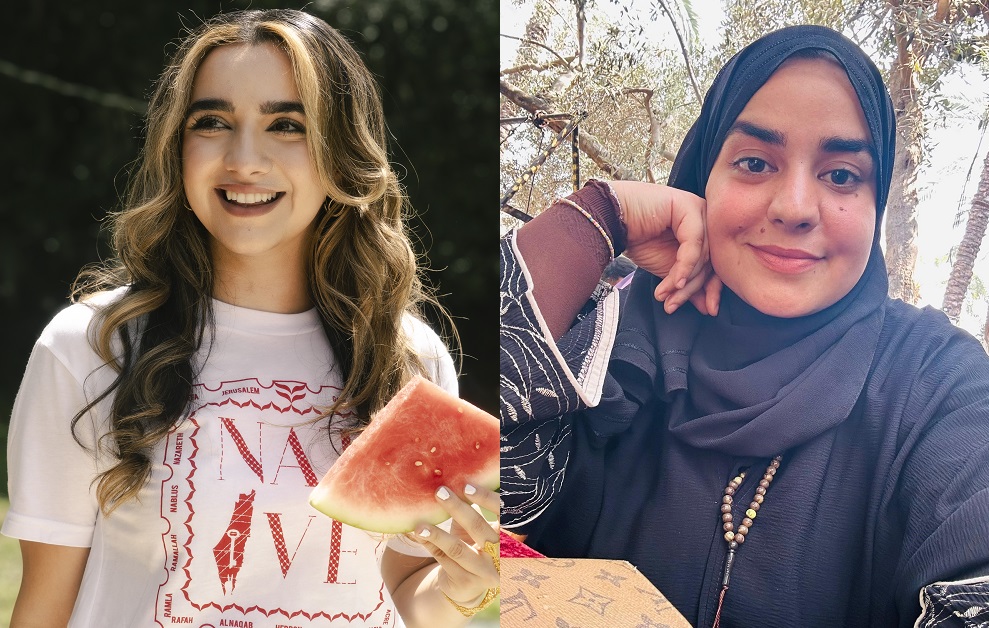 A model, left, shows off apparel designed by Gaza-based Palestinian artist Reem Harazin, right. (Supplied)
