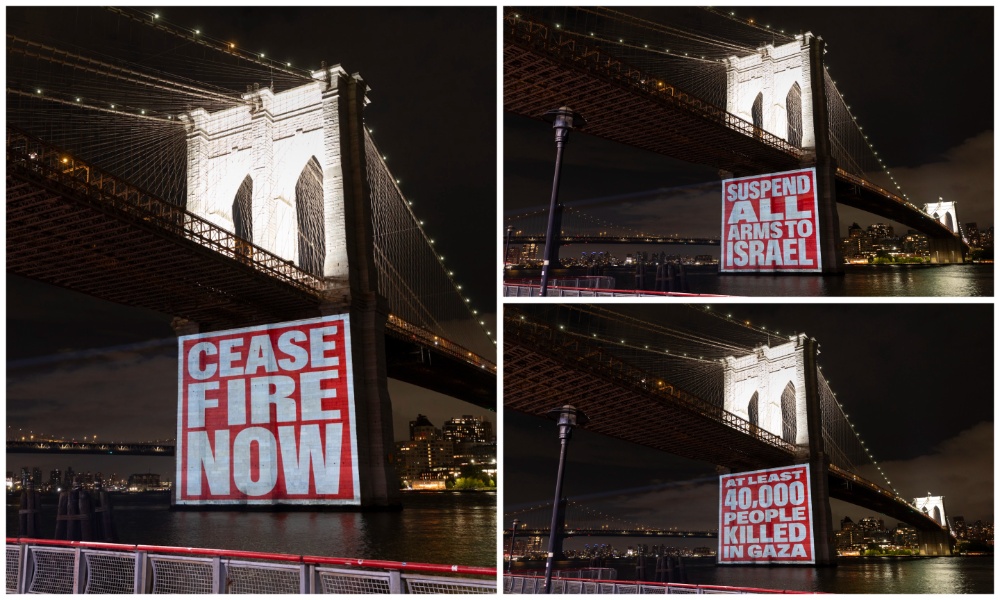 Humanitarian charities and NGOs project pro-Palestine messages on Brooklyn Bridge during UNGA
