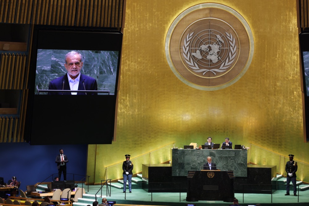 Iranian President Masoud Pezeshkian speaks during the 79th Session of the United Nations General Assembly at the United Nations headquarters in New York. (AFP)