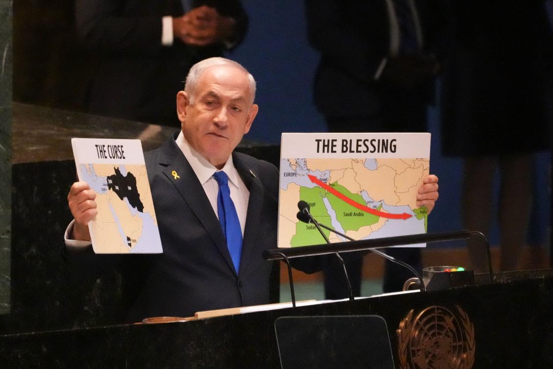 Israeli Prime Minister Benjamin Netanyahu speaks during the 79th Session of the United Nations General Assembly at the United Nations headquarters in New York City on Sept. 27, 2024. (AFP)