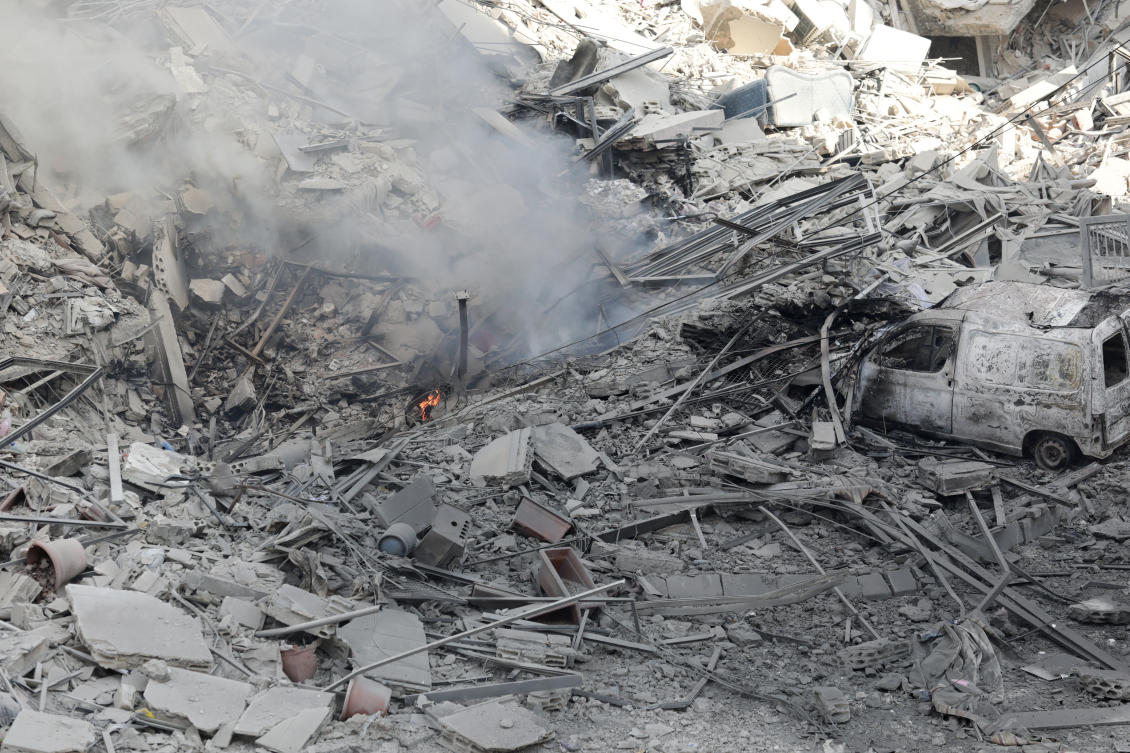Rubble of damaged buildings lies at the site of Israeli strikes on Beirut’s southern suburbs, on Sept. 28, 2024. (Reuters)