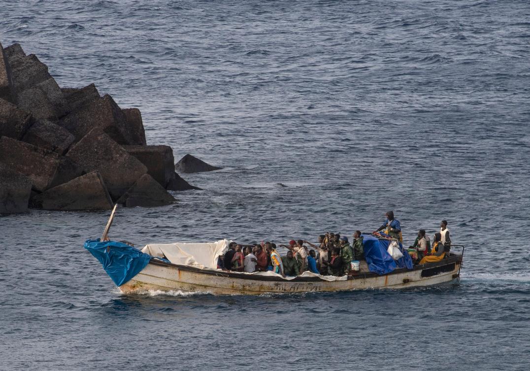 A 'cayuco' boat with 57 migrants onboard arrives at La Restinga port on the Canary island of El Hierro, on September 14, 2024. (AFP)