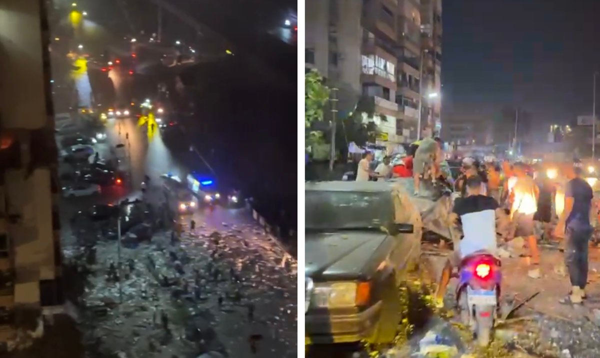 Screen grabs from videos posted on social media show scenes outside the apartment building in central Beirut's Kola district that was hit in an Israeli strike past midnight Sunday.